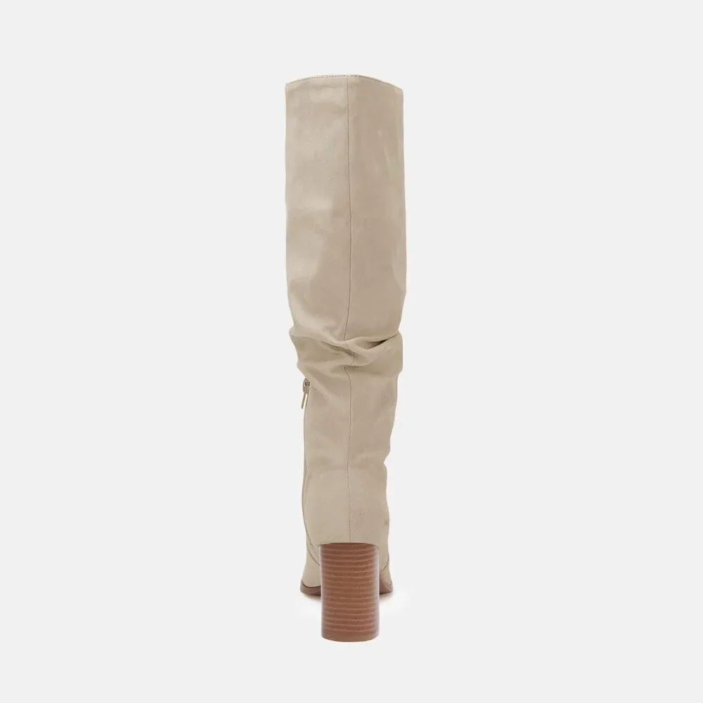Women's Beige Chunky High Heel Square Zipper Wide Calf Knee High Boots